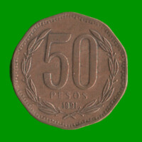 MONEDA DE CHILE 50 PESOS,  AÑO 1991, ESTADO USADA.-