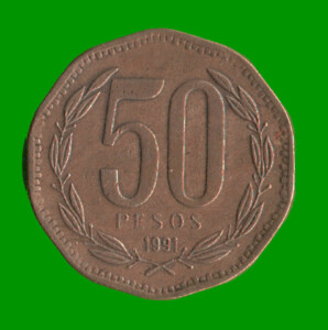 MONEDA DE CHILE 50 PESOS,  AÑO 1991, ESTADO USADA.-