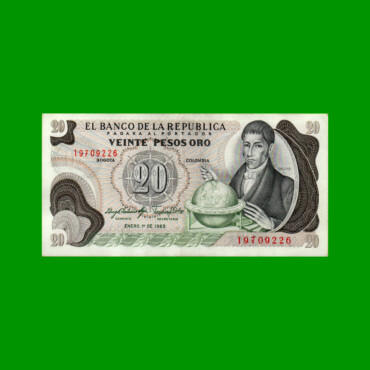 BILLETE DE COLOMBIA $ 20,00, PICK 409d, AÑO 1983, ESTADO EXCELENTE.-