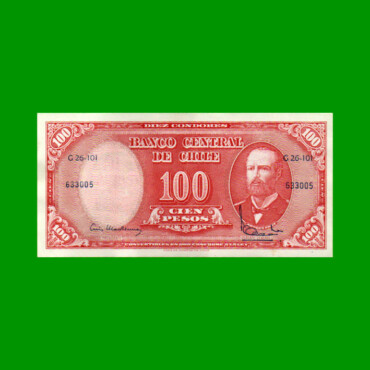 BILLETE DE CHILE $ 100,00 RESELLADO A 10 CENTESIMOS, PICK 127, ESTADO EXCELENTE.-