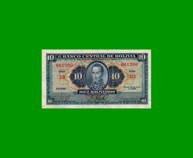 BILLETE DE BOLIVIA 10 BOLIVIANOS, PICK 130, AÑO 1928, ESTADO EXCELENTE- .-