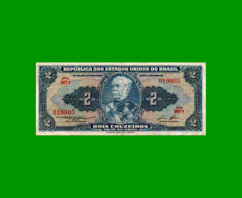 BILLETE DE BRASIL 2 CRUZEIROS, PICK 151b, AÑO 1958, ESTADO MUY BUENO- .-