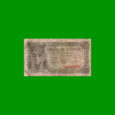 BILLETE DE ESPAÑA 5 PESETAS, PICK 127, AÑO 1943, ESTADO BUENO.-