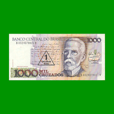 BILLETE DE BRASIL 1.000 CRUZADOS RESELLADO 1 CRUZADO NOVO, PICK 216b, AÑO 1989, ESTADO EXCELENTE.-