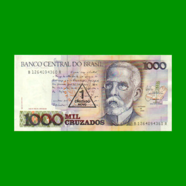 BILLETE DE BRASIL 1.000 CRUZADOS RESELLADO 1 CRUZADO NOVO, PICK 216b, AÑO 1989, ESTADO EXCELENTE+ .-