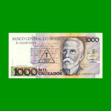 BILLETE DE BRASIL 1.000 CRUZADOS RESELLADO 1 CRUZADO NOVO, PICK 216b, AÑO 1989, ESTADO SIN CIRCULAR.-