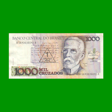 BILLETE DE BRASIL 1.000 CRUZADOS RESELLADO 1 CRUZADO NOVO, PICK 216c, AÑO 1989, ESTADO EXCELENTE- .-