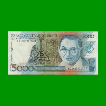 BILLETE DE BRASIL 5.000 CRUZADOS RESELLADO 5 CRUZADOS NOVOS, PICK 217a, AÑO 1989, ESTADO EXCELENTE- .-