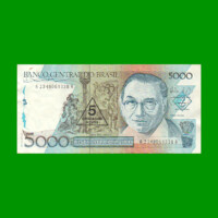 BILLETE DE BRASIL 5.000 CRUZADOS RESELLADO 5 CRUZADOS NOVOS, PICK 217a, AÑO 1989, ESTADO EXCELENTE.-
