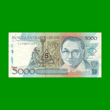 BILLETE DE BRASIL 5.000 CRUZADOS RESELLADO 5 CRUZADOS NOVOS, PICK 217a, AÑO 1989, ESTADO EXCELENTE.-
