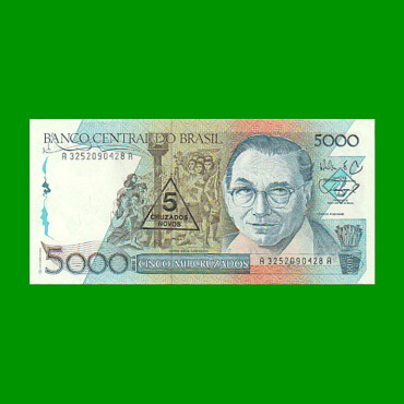 BILLETE DE BRASIL 5.000 CRUZADOS RESELLADO 5 CRUZADOS NOVOS, PICK 217a, AÑO 1989, ESTADO EXCELENTE+ .-
