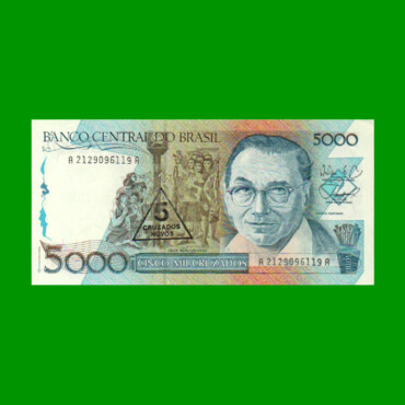 BILLETE DE BRASIL 5.000 CRUZADOS RESELLADO 5 CRUZADOS NOVOS, PICK 217a, AÑO 1989, ESTADO SIN CIRCULAR.-