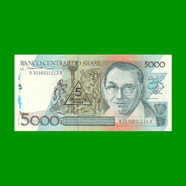 BILLETE DE BRASIL 5.000 CRUZADOS RESELLADO 5 CRUZADOS NOVOS, PICK 217b, AÑO 1989, ESTADO EXCELENTE+ .-