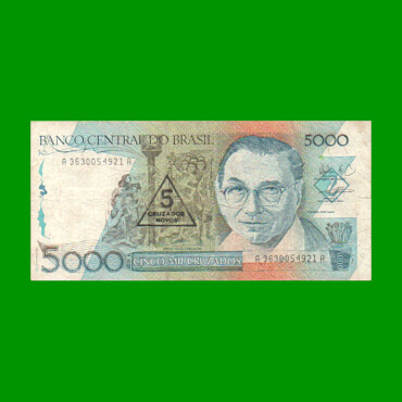 BILLETE DE BRASIL 5.000 CRUZADOS RESELLADO 5 CRUZADOS NOVOS, PICK 217b, AÑO 1989, ESTADO BUENO.-