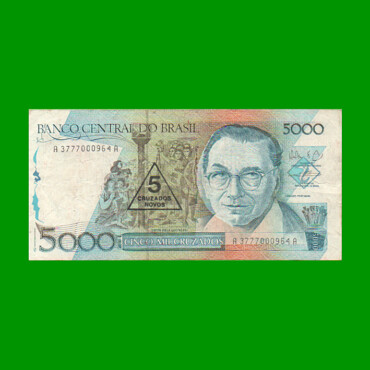 BILLETE DE BRASIL 5.000 CRUZADOS RESELLADO 5 CRUZADOS NOVOS, PICK 217b, AÑO 1989, ESTADO BUENO+ .-