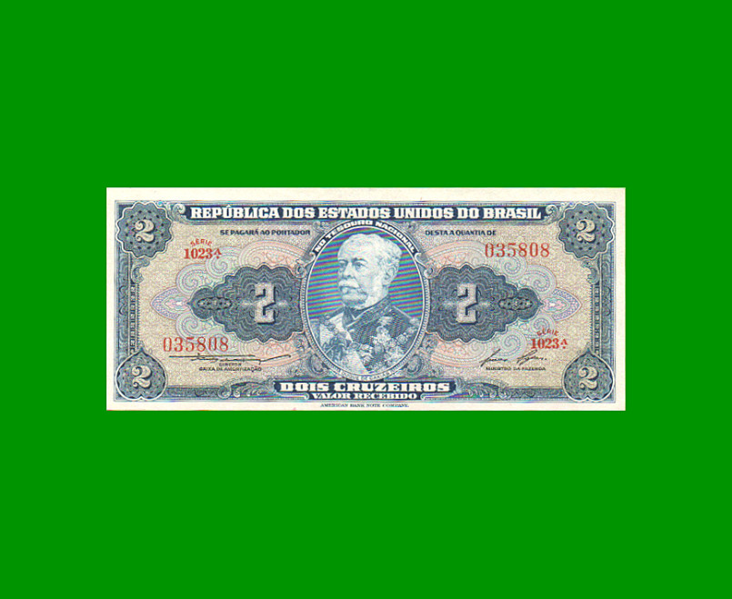 BILLETE DE BRASIL 2 CRUZEIROS, PICK 151b, AÑO 1958, ESTADO EXCELENTE+ .-