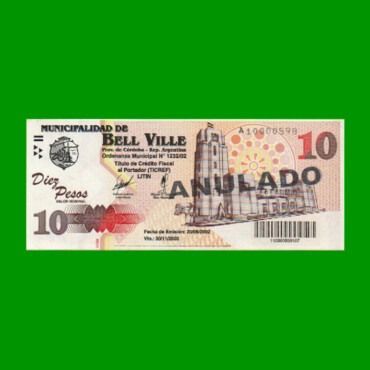 BONO MUNICIPALIDAD DE BELL VILLE $10,00, AÑO 2002/2003, ESTADO SIN CIRCULAR.-