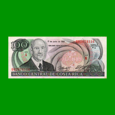 BILLETE DE COSTA RICA 100 COLONES, PICK 258, AÑO 1992, ESTADO EXCELENTE+ .-