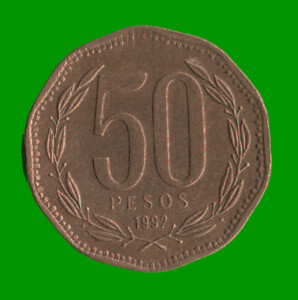 MONEDA DE CHILE 50 PESOS,  AÑO 1992, ESTADO USADA.-
