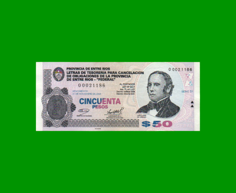 BONO DE ENTRE RIOS $ 50,00, EC 346, AÑO 2002, ESTADO EXCELENTE .-