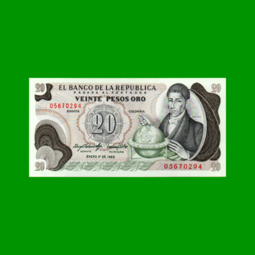 BILLETE DE COLOMBIA $ 20,00, PICK 409d, AÑO 1983, ESTADO SIN CIRCULAR.-