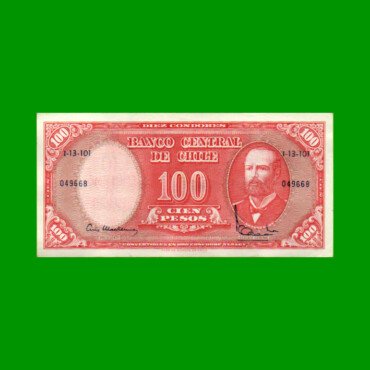 BILLETE DE CHILE $ 100,00 RESELLADO A 10 CENTESIMOS, PICK 127, ESTADO EXCELENTE+ .-