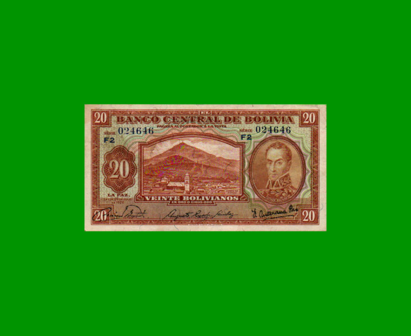 BILLETE DE BOLIVIA 20 BOLIVIANOS, PICK 131, AÑO 1928, ESTADO MUY BUENO+ .-