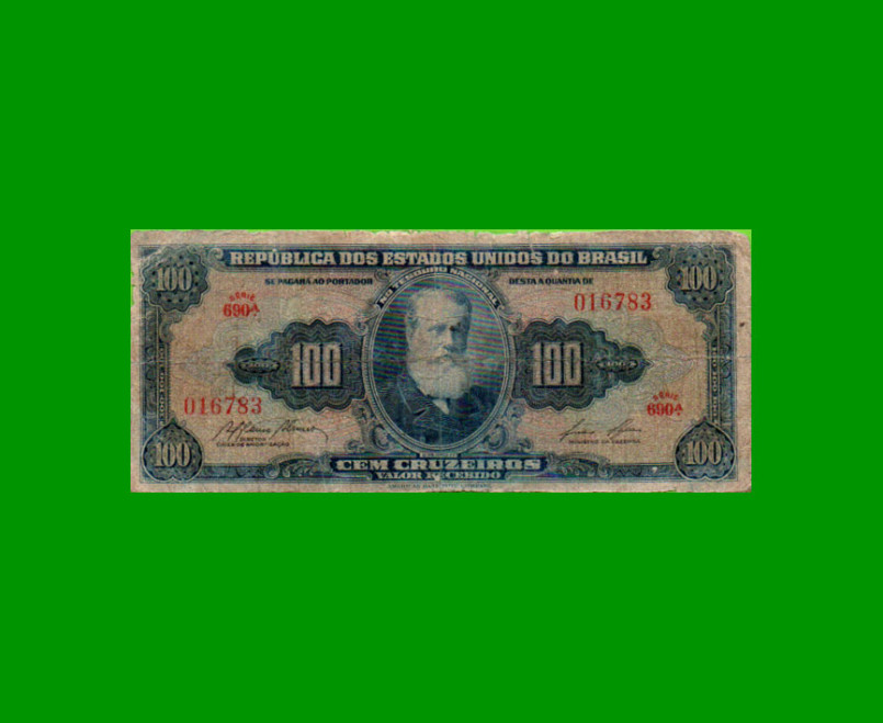 BILLETE DE BRASIL 100 CRUZEIROS, PICK 153d, AÑO 1959, ESTADO BUENO.-