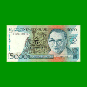 BILLETE DE BRASIL 5.000 CRUZADOS RESELLADO 5 CRUZADOS NOVOS, PICK 217b, AÑO 1989, ESTADO SIN CIRCULAR.-