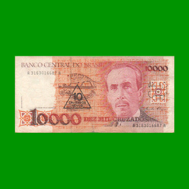 BILLETE DE BRASIL 10.000 CRUZADOS RESELLADO 10 CRUZADOS NOVOS, PICK 218a, AÑO 1989, ESTADO BUENO+ .-