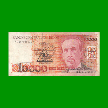 BILLETE DE BRASIL 10.000 CRUZADOS RESELLADO 10 CRUZADOS NOVOS, PICK 218a, AÑO 1989, ESTADO MUY BUENO.-
