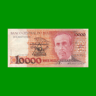 BILLETE DE BRASIL 10.000 CRUZADOS RESELLADO 10 CRUZADOS NOVOS, PICK 218b, AÑO 1990, ESTADO MUY BUENO.-