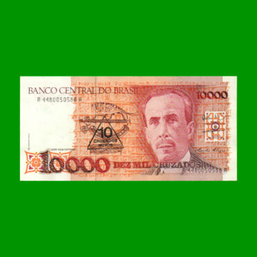 BILLETE DE BRASIL 10.000 CRUZADOS RESELLADO 10 CRUZADOS NOVOS, PICK 218b, AÑO 1990, ESTADO EXCELENTE+ .-