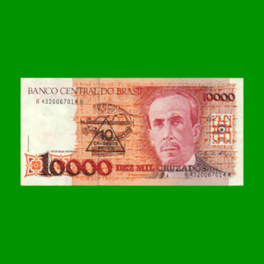 BILLETE DE BRASIL 10.000 CRUZADOS RESELLADO 10 CRUZADOS NOVOS, PICK 218b, AÑO 1990, ESTADO SIN CIRCULAR.-