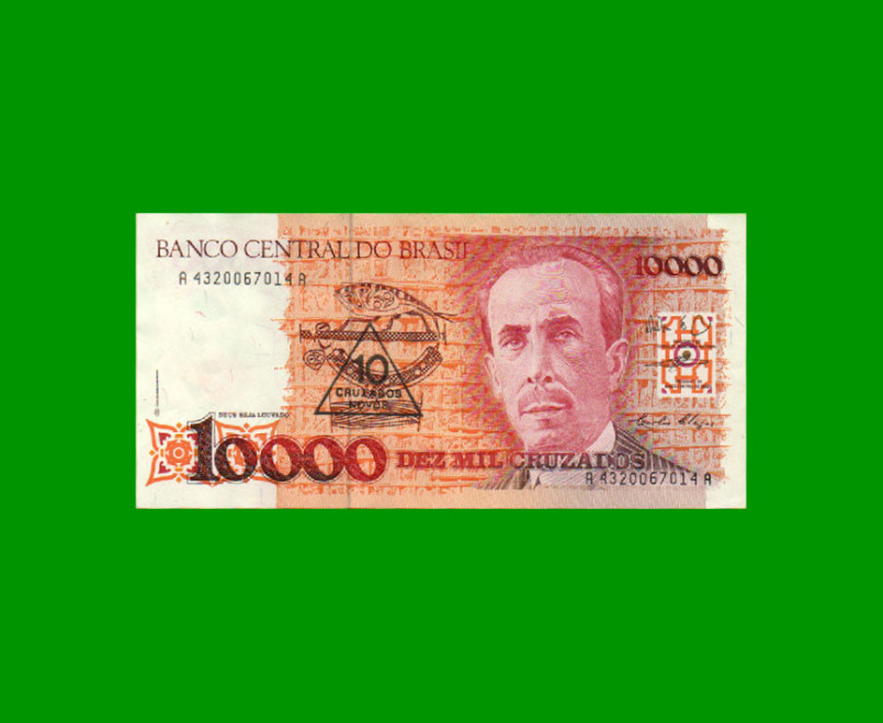 BILLETE DE BRASIL 10.000 CRUZADOS RESELLADO 10 CRUZADOS NOVOS, PICK 218b, AÑO 1990, ESTADO SIN CIRCULAR.-