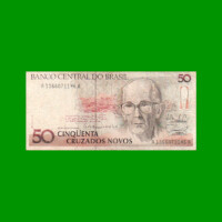 BILLETE DE BRASIL 50 CRUZADOS NOVOS, PICK 219a, AÑO 1989, ESTADO BUENO+ .-