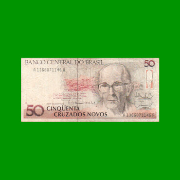 BILLETE DE BRASIL 50 CRUZADOS NOVOS, PICK 219a, AÑO 1989, ESTADO BUENO+ .-