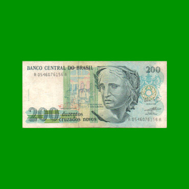 BILLETE DE BRASIL 200 CRUZADOS NOVOS, PICK 221, AÑO 1989, ESTADO BUENO+ .-