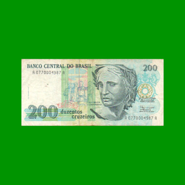 BILLETE DE BRASIL 200 CRUZADOS NOVOS, PICK 221, AÑO 1989, ESTADO MUY BUENO.-