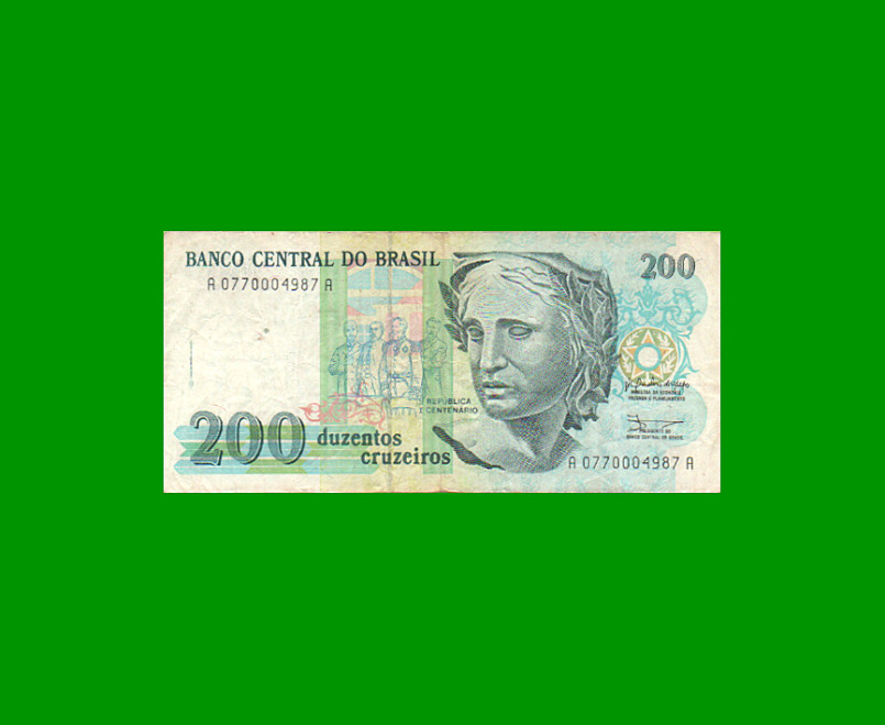 BILLETE DE BRASIL 200 CRUZADOS NOVOS, PICK 221, AÑO 1989, ESTADO MUY BUENO.-