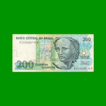 BILLETE DE BRASIL 200 CRUZADOS NOVOS, PICK 221, AÑO 1989, ESTADO MUY BUENO+ .-