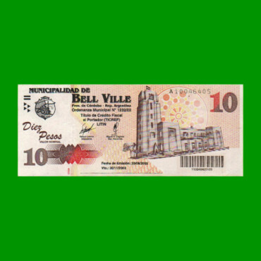 BONO MUNICIPALIDAD DE BELL VILLE $10,00, AÑO 2002/2003, ESTADO EXCELENTE- .-