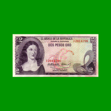 BILLETE DE COLOMBIA $ 2,00, PICK 413a, AÑO 1973, ESTADO EXCELENTE- .-