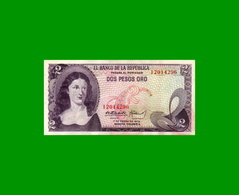 BILLETE DE COLOMBIA $ 2,00, PICK 413a, AÑO 1973, ESTADO EXCELENTE- .-