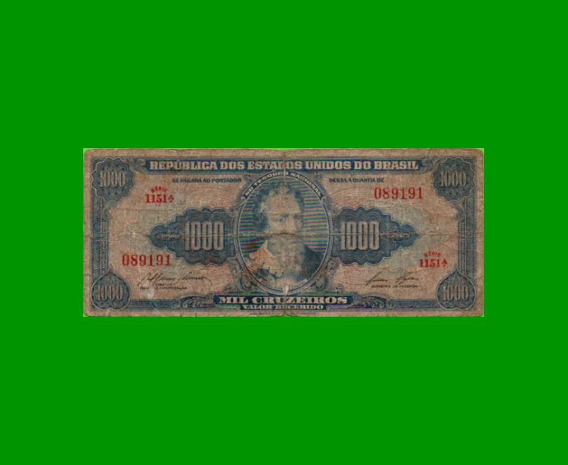 BILLETE DE BRASIL 1.000 CRUZEIROS, PICK 156e, AÑO 1959, ESTADO BUENO.-