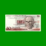 BILLETE DE BRASIL 50 CRUZADOS NOVOS RESELLADO 50 CRUZEIROS, PICK 223, AÑO 1990, ESTADO SIN CIRCULAR.-