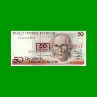 BILLETE DE BRASIL 50 CRUZADOS NOVOS RESELLADO 50 CRUZEIROS, PICK 223, AÑO 1990, ESTADO SIN CIRCULAR.-