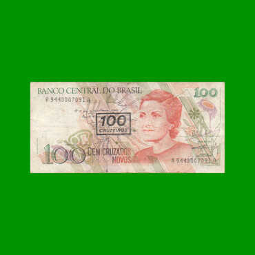 BILLETE DE BRASIL 100 CRUZADOS NOVOS RESELLADO 100 CRUZEIROS, PICK 224b, AÑO 1990, ESTADO BUENO+ .-