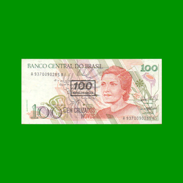 BILLETE DE BRASIL 100 CRUZADOS NOVOS RESELLADO 100 CRUZEIROS, PICK 224b, AÑO 1990, ESTADO EXCELENTE- .-