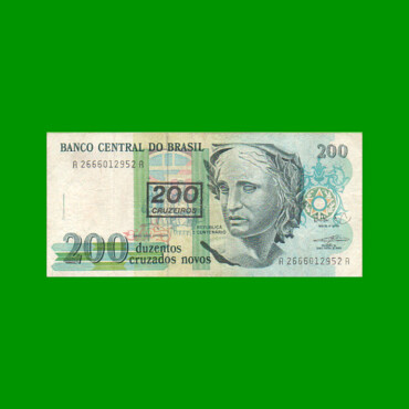 BILLETE DE BRASIL 200 CRUZADOS NOVOS RESELLADO 200 CRUZEIROS, PICK 225b, AÑO 1990, ESTADO MUY BUENO.-